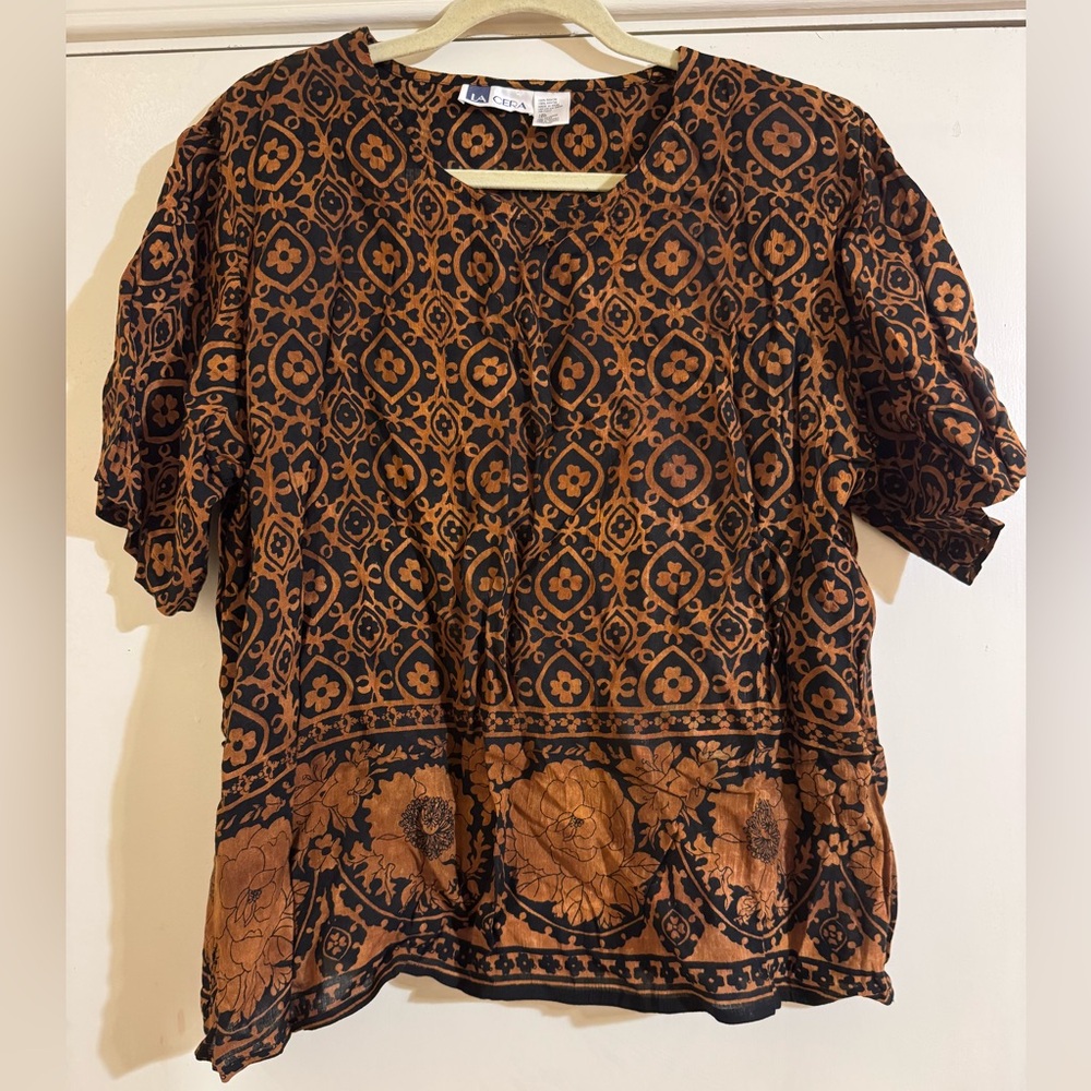Vintage Black & Brown Floral-Print Women's Blouse
